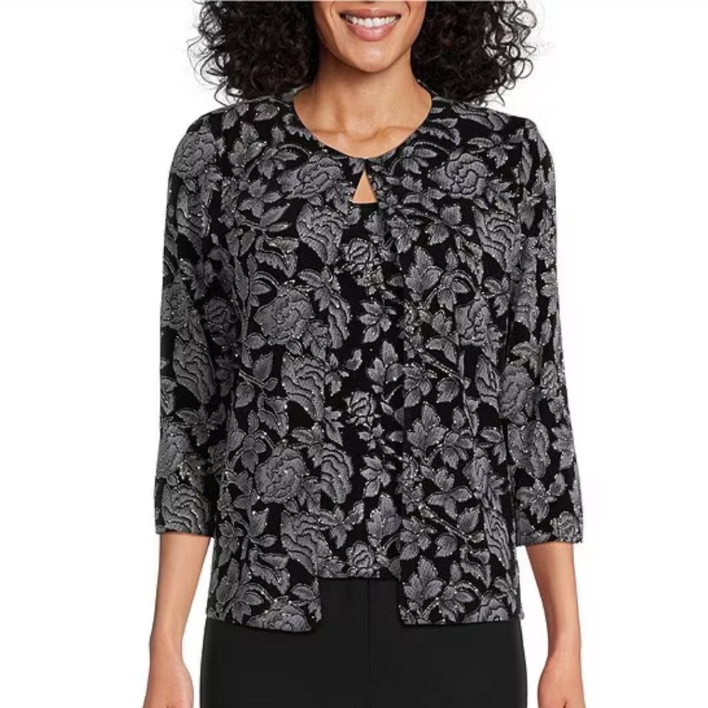 Alex Evenings
3/4 Sleeve Mandarin Collar Scoop Neck Floral 2-Piece Twinset